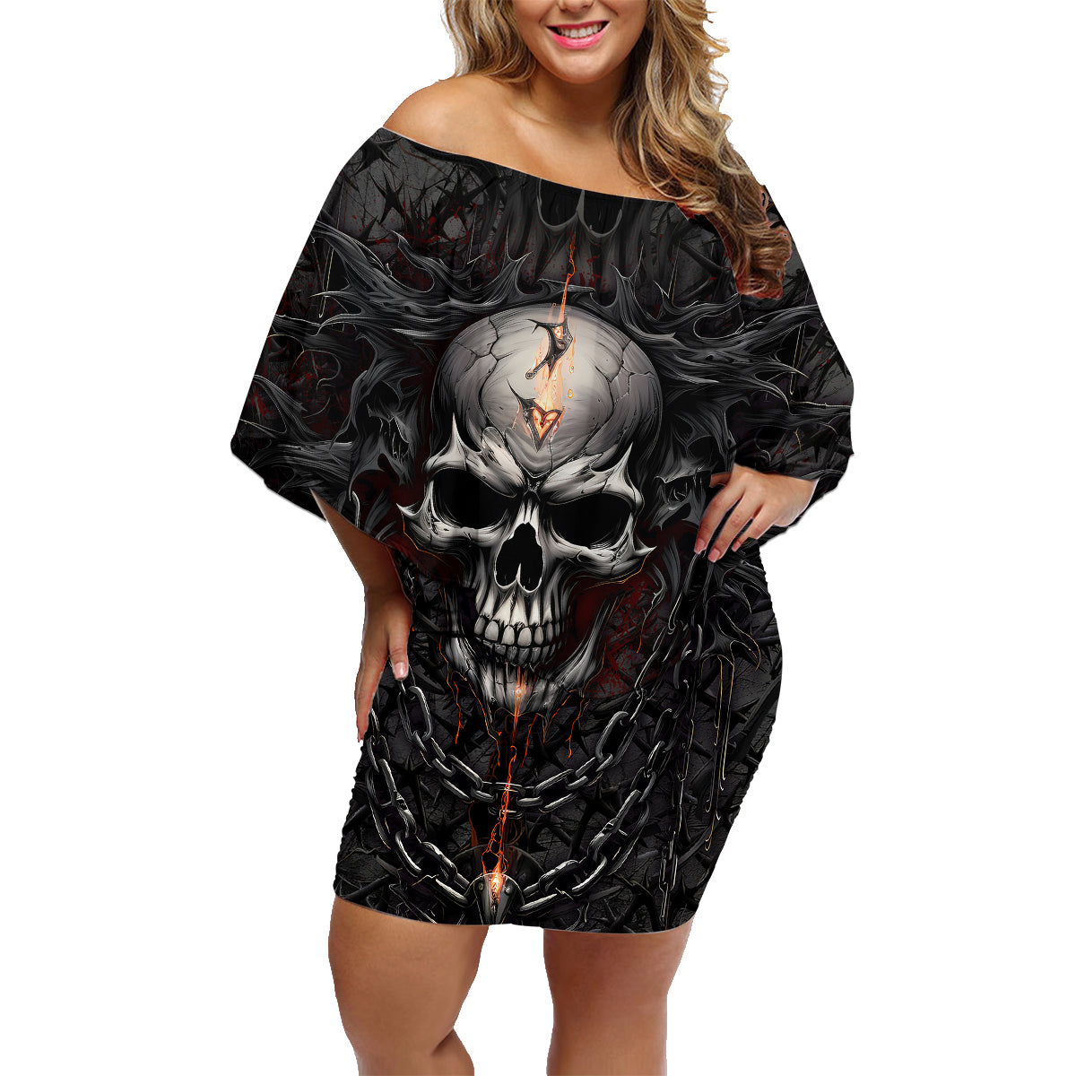 Be Careful Skull Family Matching Off Shoulder Short Dress and Hawaiian Shirt - Wonder Print Shop