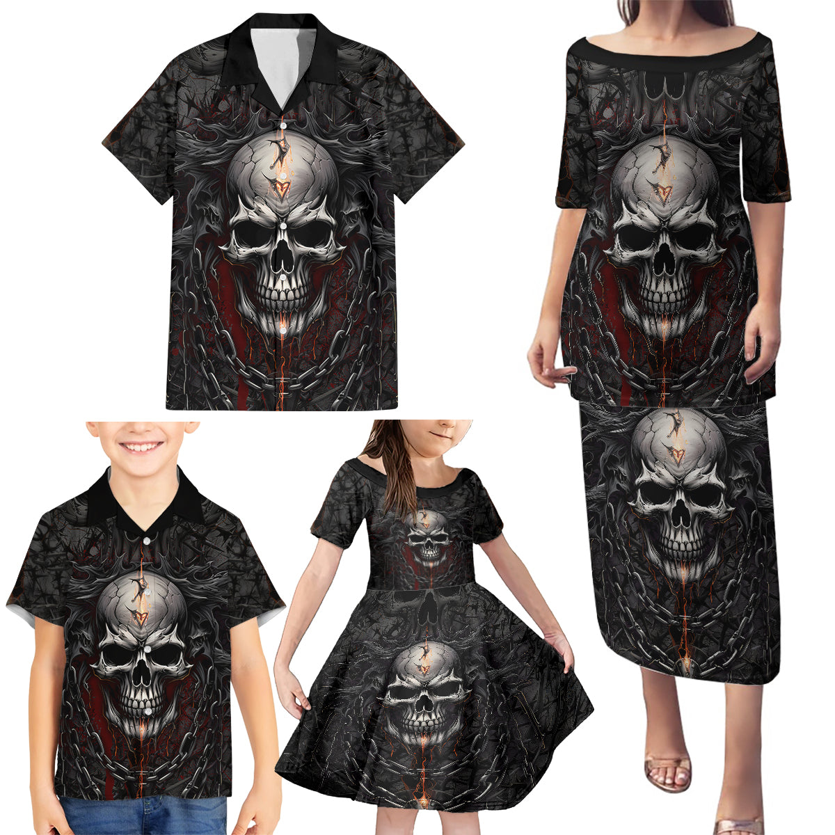 Be Careful Skull Family Matching Puletasi Dress and Hawaiian Shirt - Wonder Print Shop