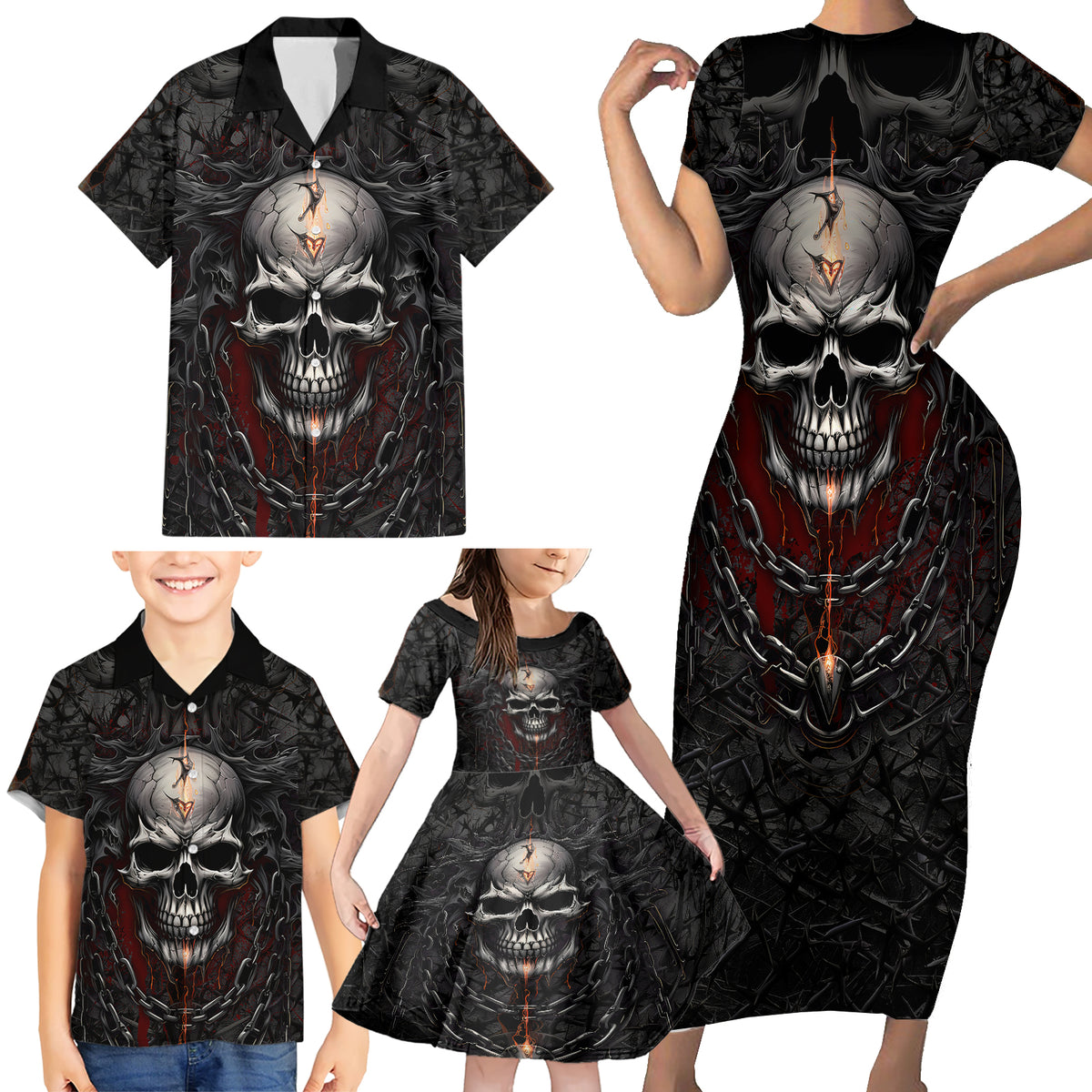 Be Careful Skull Family Matching Short Sleeve Bodycon Dress and Hawaiian Shirt - Wonder Print Shop