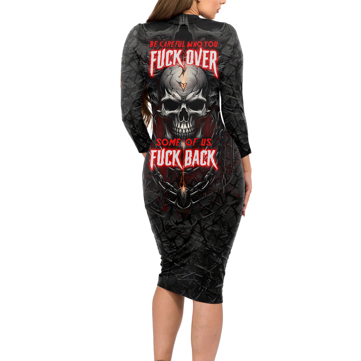 Be Careful Skull Long Sleeve Bodycon Dress - Wonder Print Shop