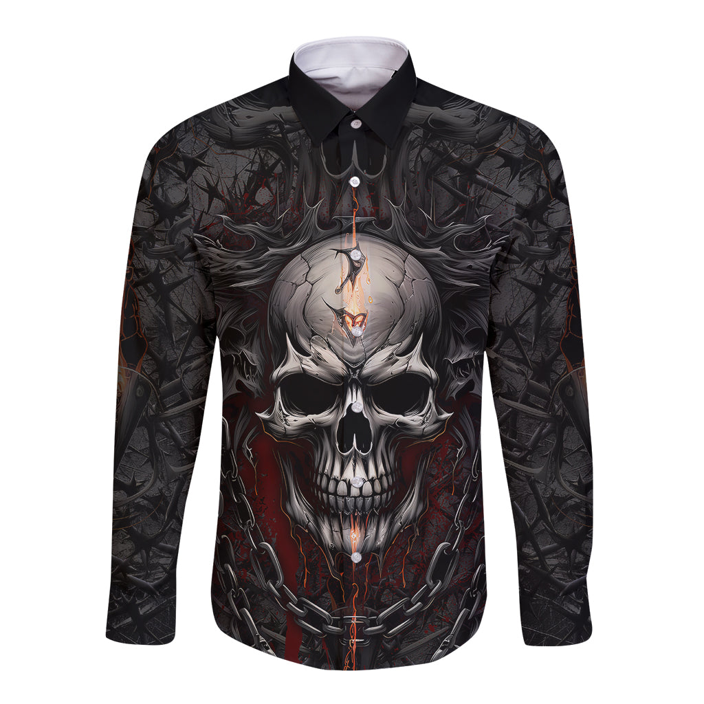 Be Careful Skull Long Sleeve Button Shirt - Wonder Print Shop