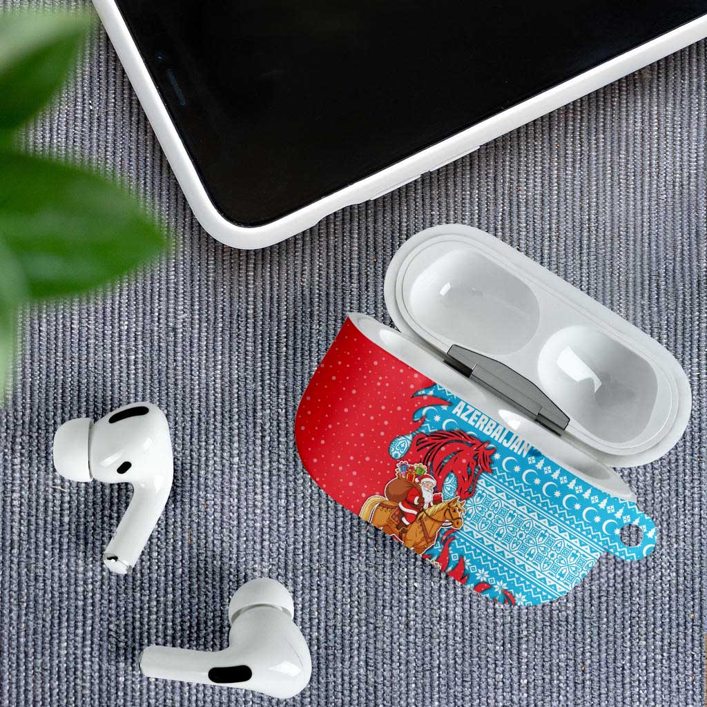 Azerbaijan Christmas AirPods Case with Santa Riding Horse Red Flame Motif and Blue Islamic Pattern Design - Wonder Print Shop