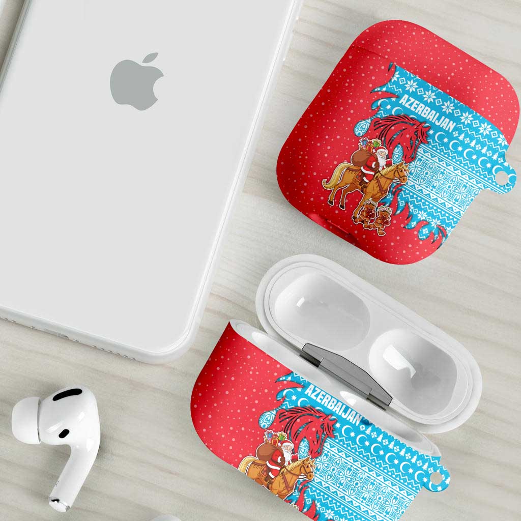 Azerbaijan Christmas AirPods Case with Santa Riding Horse Red Flame Motif and Blue Islamic Pattern Design - Wonder Print Shop