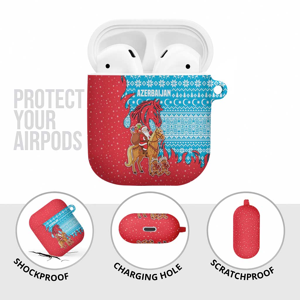 Azerbaijan Christmas AirPods Case with Santa Riding Horse Red Flame Motif and Blue Islamic Pattern Design - Wonder Print Shop