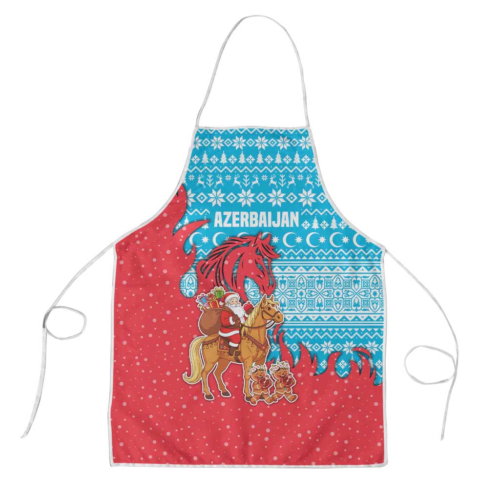 Azerbaijan Christmas Apron with Santa Riding Horse Red Flame Motif and Blue Islamic Pattern Design - Wonder Print Shop