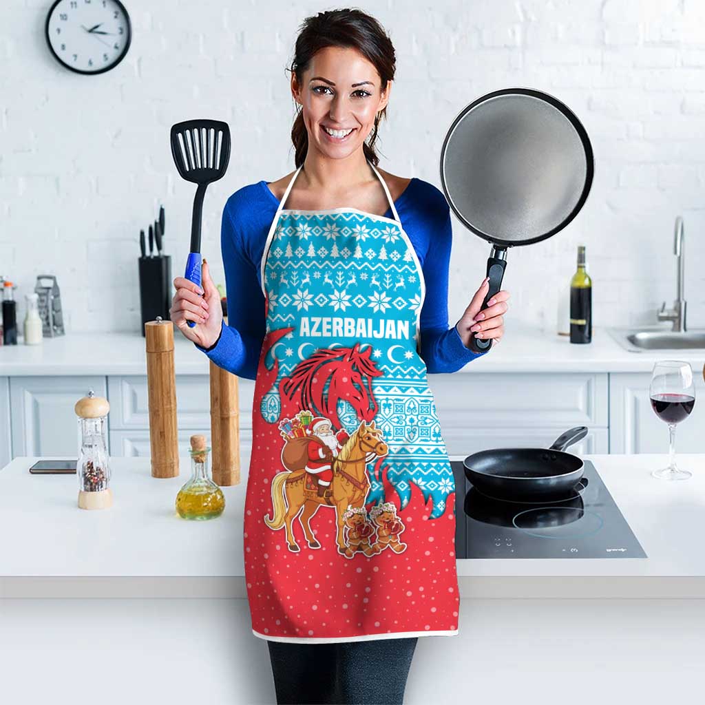 Azerbaijan Christmas Apron with Santa Riding Horse Red Flame Motif and Blue Islamic Pattern Design - Wonder Print Shop
