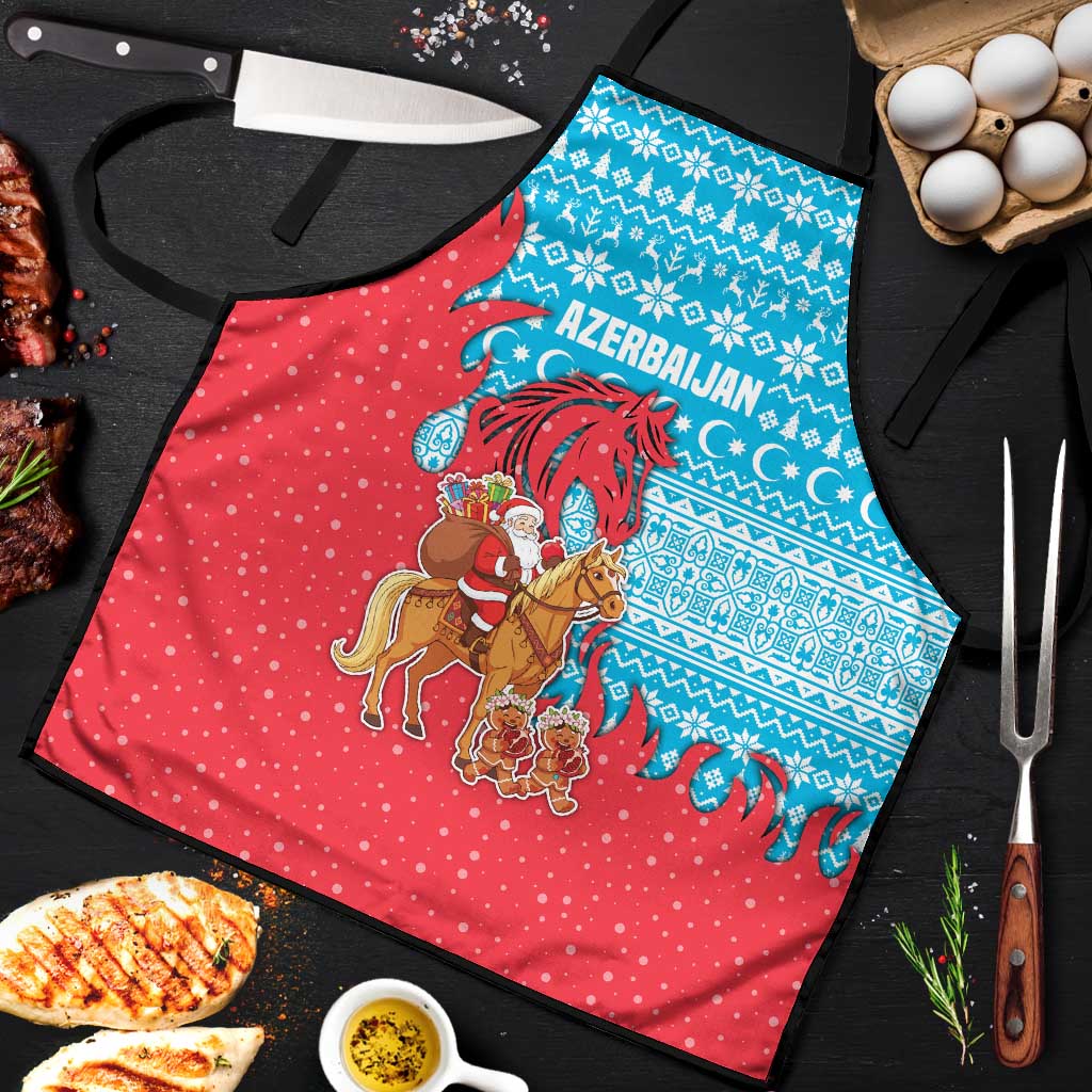 Azerbaijan Christmas Apron with Santa Riding Horse Red Flame Motif and Blue Islamic Pattern Design - Wonder Print Shop