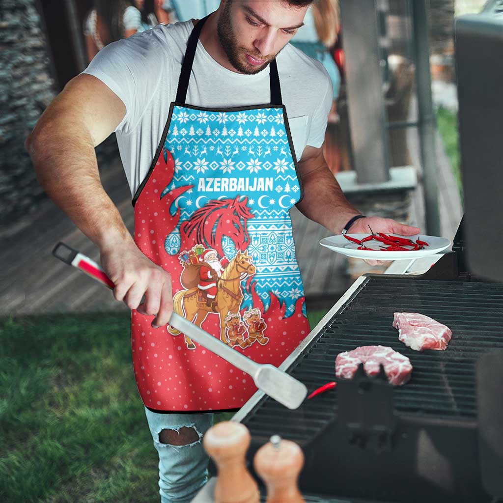 Azerbaijan Christmas Apron with Santa Riding Horse Red Flame Motif and Blue Islamic Pattern Design - Wonder Print Shop