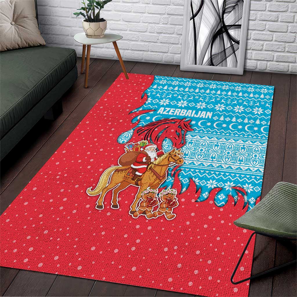 Azerbaijan Christmas Area Rug with Santa Riding Horse Red Flame Motif and Blue Islamic Pattern Design - Wonder Print Shop