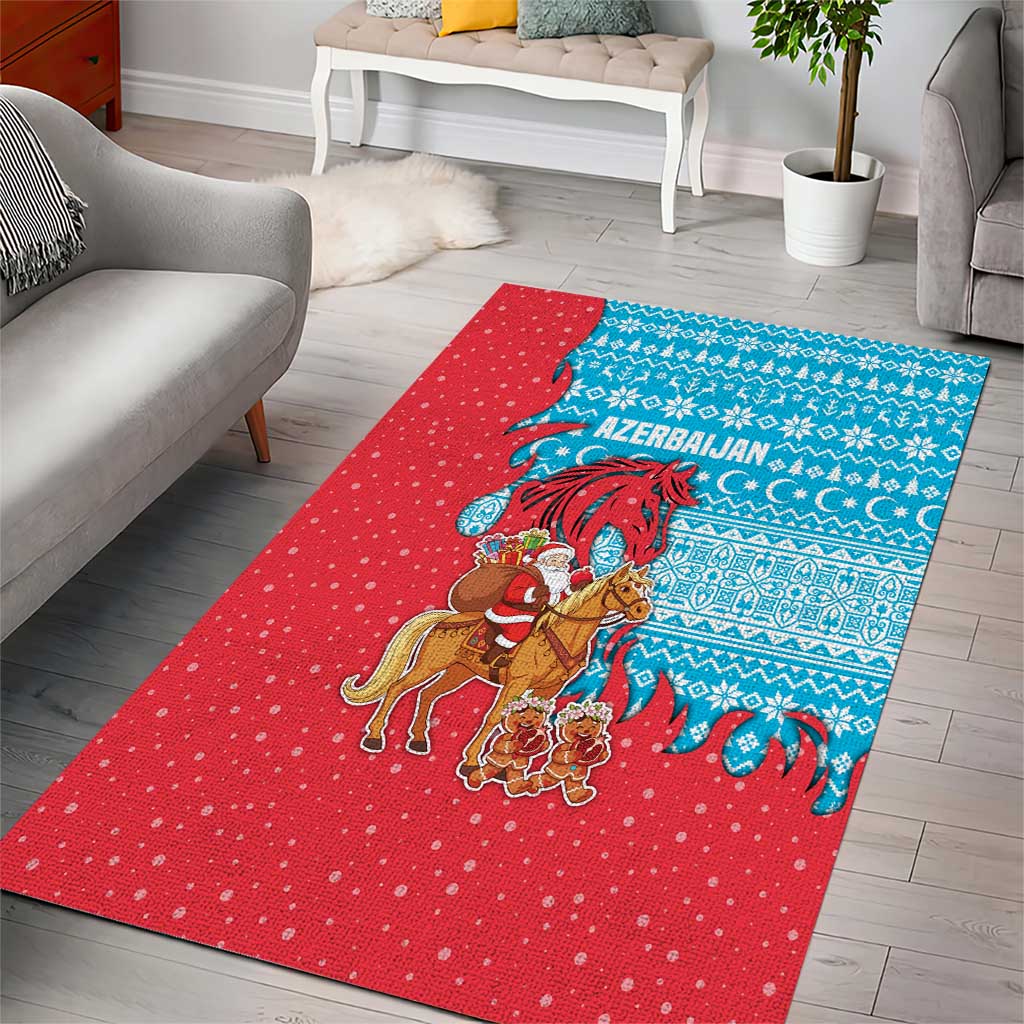 Azerbaijan Christmas Area Rug with Santa Riding Horse Red Flame Motif and Blue Islamic Pattern Design - Wonder Print Shop
