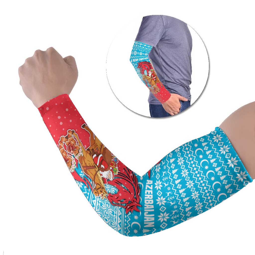 Azerbaijan Christmas Arm Sleeves with Santa Riding Horse Red Flame Motif and Blue Islamic Pattern Design - Wonder Print Shop
