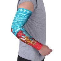 Azerbaijan Christmas Arm Sleeves with Santa Riding Horse Red Flame Motif and Blue Islamic Pattern Design - Wonder Print Shop