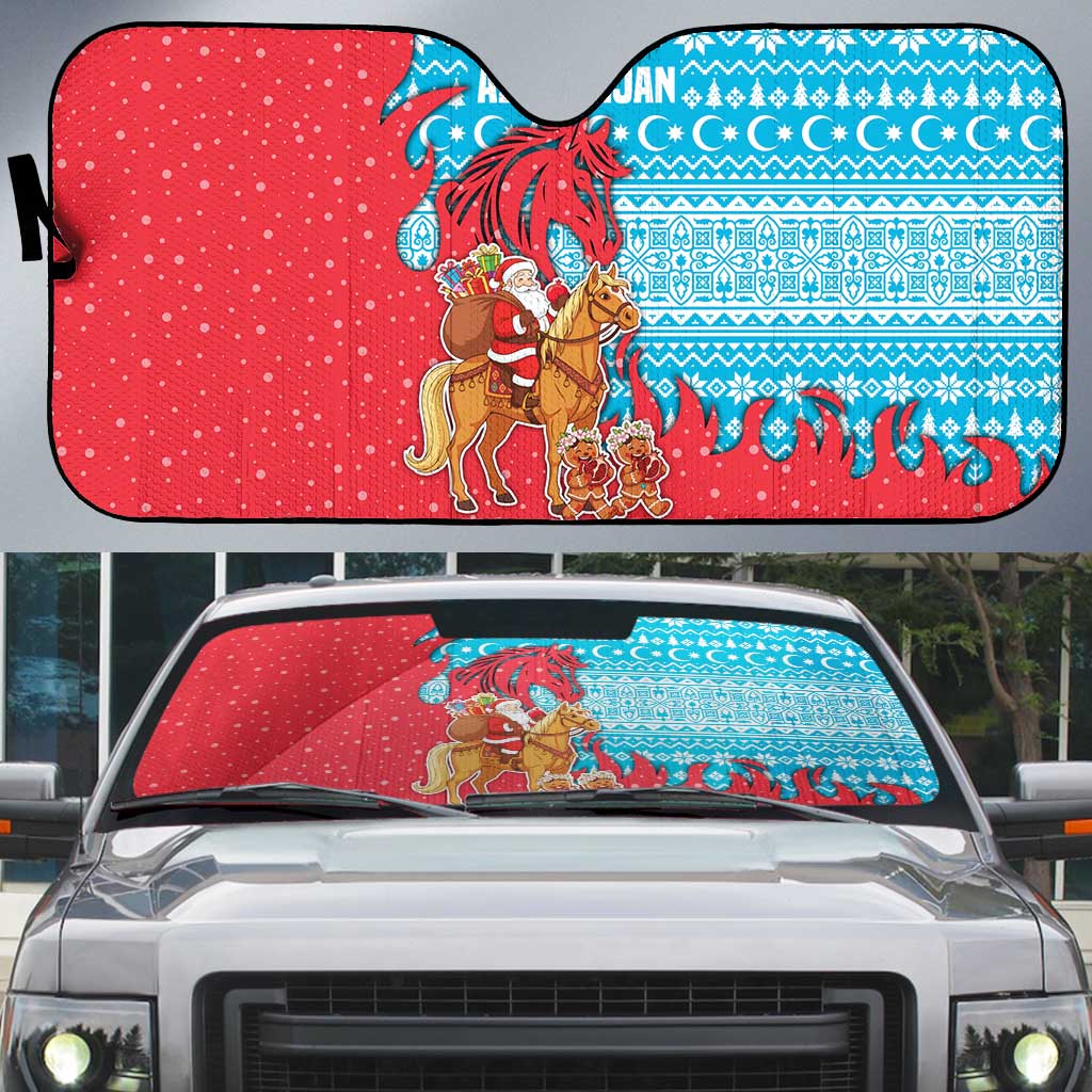 Azerbaijan Christmas Auto Sun Shade with Santa Riding Horse Red Flame Motif and Blue Islamic Pattern Design - Wonder Print Shop