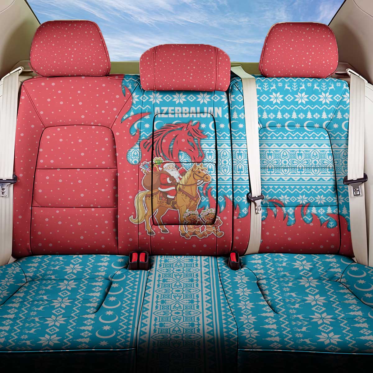 Azerbaijan Christmas Back Car Seat Cover with Santa Riding Horse Red Flame Motif and Blue Islamic Pattern Design - Wonder Print Shop