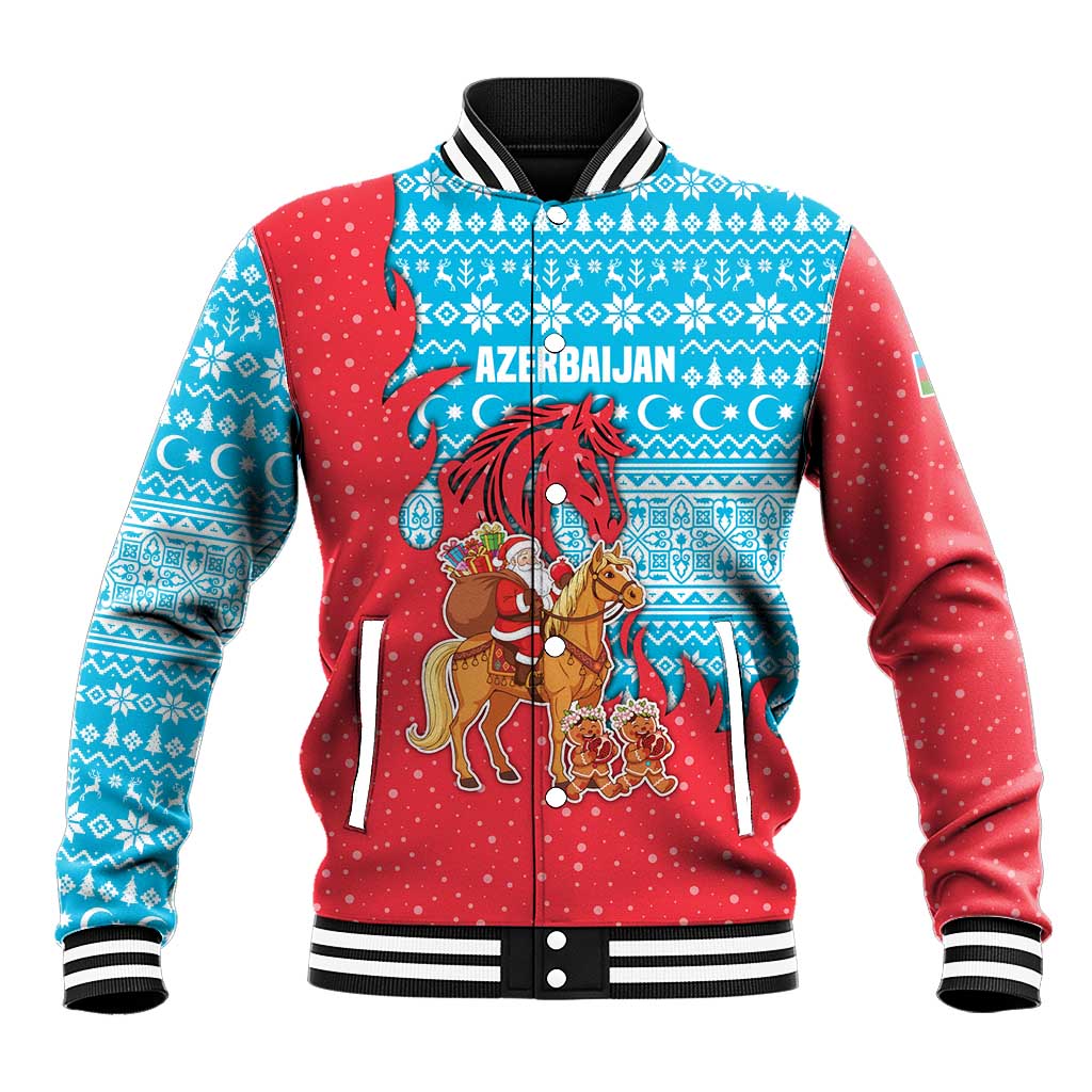 Azerbaijan Christmas Baseball Jacket with Santa Riding Horse Red Flame Motif and Blue Islamic Pattern Design - Wonder Print Shop