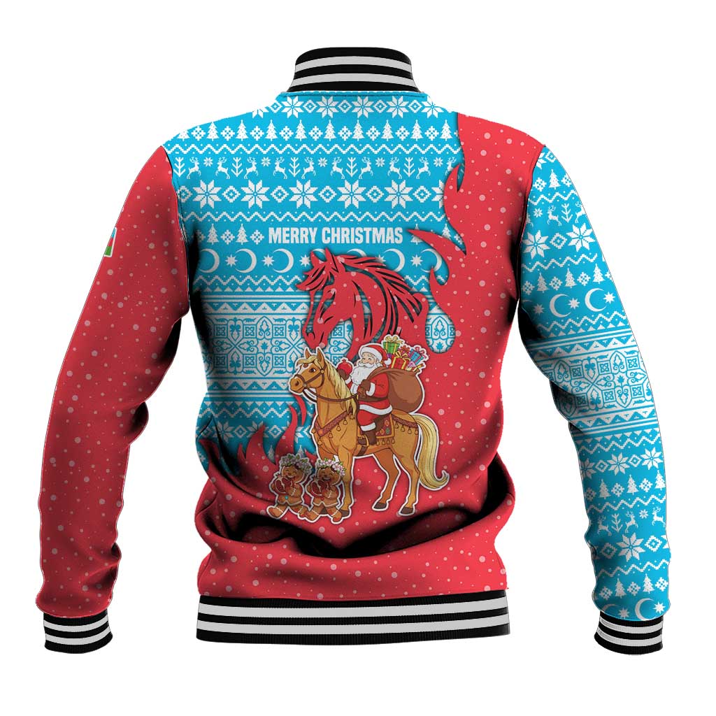 Azerbaijan Christmas Baseball Jacket with Santa Riding Horse Red Flame Motif and Blue Islamic Pattern Design - Wonder Print Shop