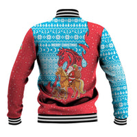 Azerbaijan Christmas Baseball Jacket with Santa Riding Horse Red Flame Motif and Blue Islamic Pattern Design - Wonder Print Shop