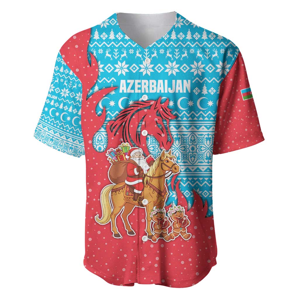 Azerbaijan Christmas Baseball Jersey with Santa Riding Horse Red Flame Motif and Blue Islamic Pattern Design - Wonder Print Shop