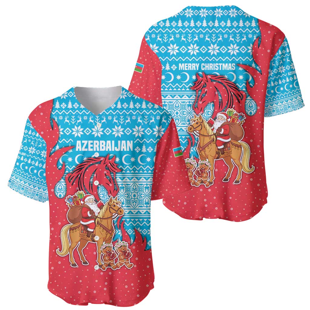 Azerbaijan Christmas Baseball Jersey with Santa Riding Horse Red Flame Motif and Blue Islamic Pattern Design - Wonder Print Shop