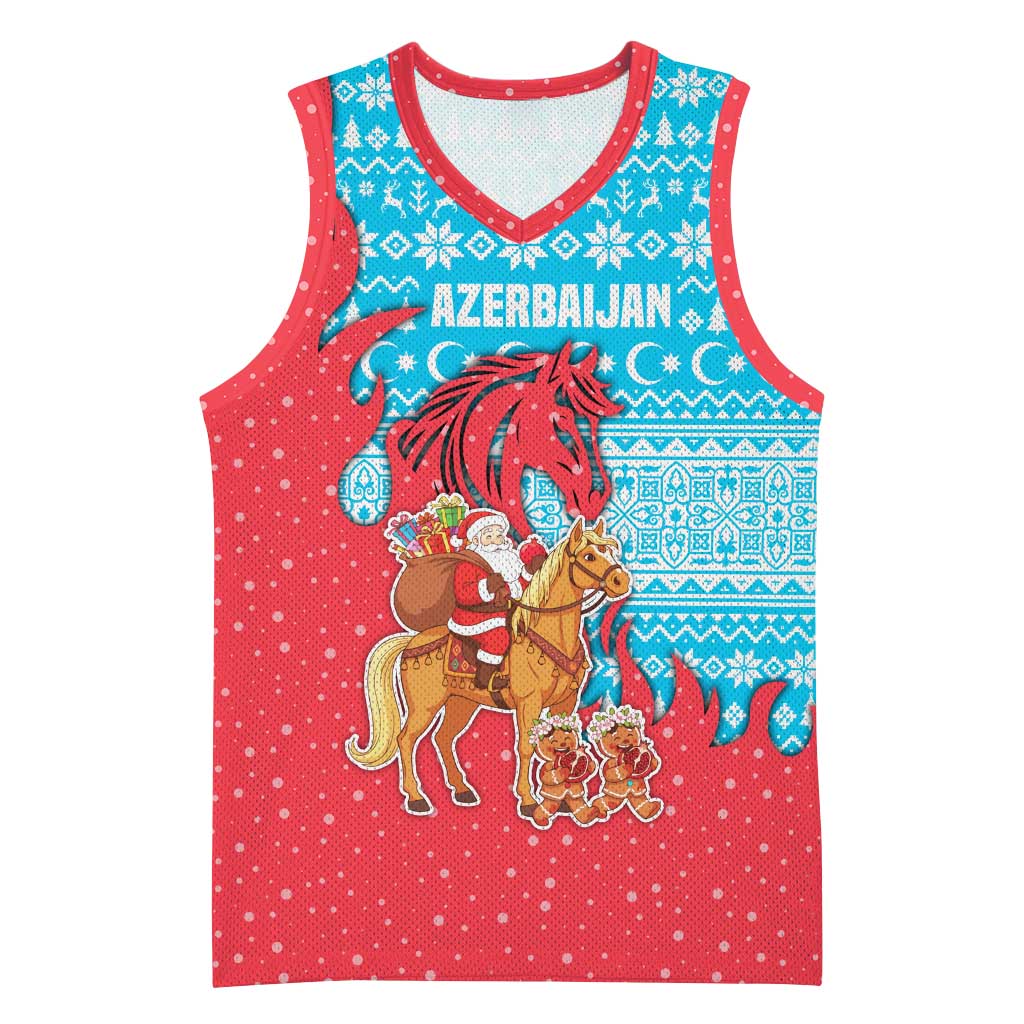 Azerbaijan Christmas Basketball Jersey with Santa Riding Horse Red Flame Motif and Blue Islamic Pattern Design - Wonder Print Shop