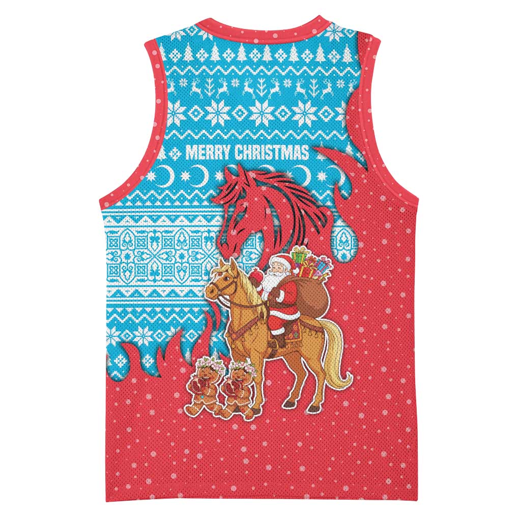 Azerbaijan Christmas Basketball Jersey with Santa Riding Horse Red Flame Motif and Blue Islamic Pattern Design - Wonder Print Shop