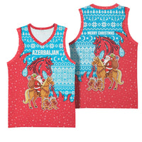 Azerbaijan Christmas Basketball Jersey with Santa Riding Horse Red Flame Motif and Blue Islamic Pattern Design - Wonder Print Shop