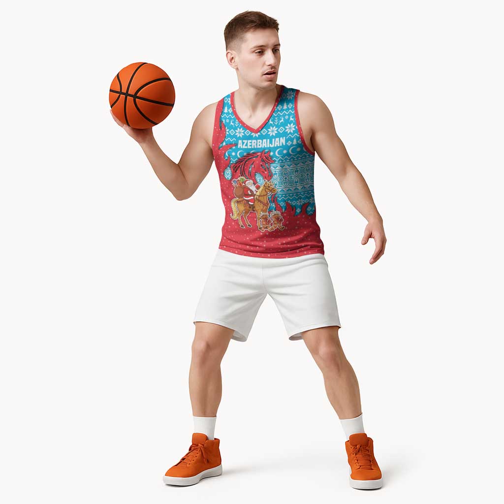 Azerbaijan Christmas Basketball Jersey with Santa Riding Horse Red Flame Motif and Blue Islamic Pattern Design - Wonder Print Shop