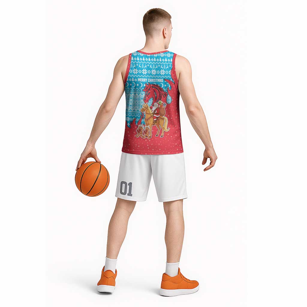 Azerbaijan Christmas Basketball Jersey with Santa Riding Horse Red Flame Motif and Blue Islamic Pattern Design - Wonder Print Shop