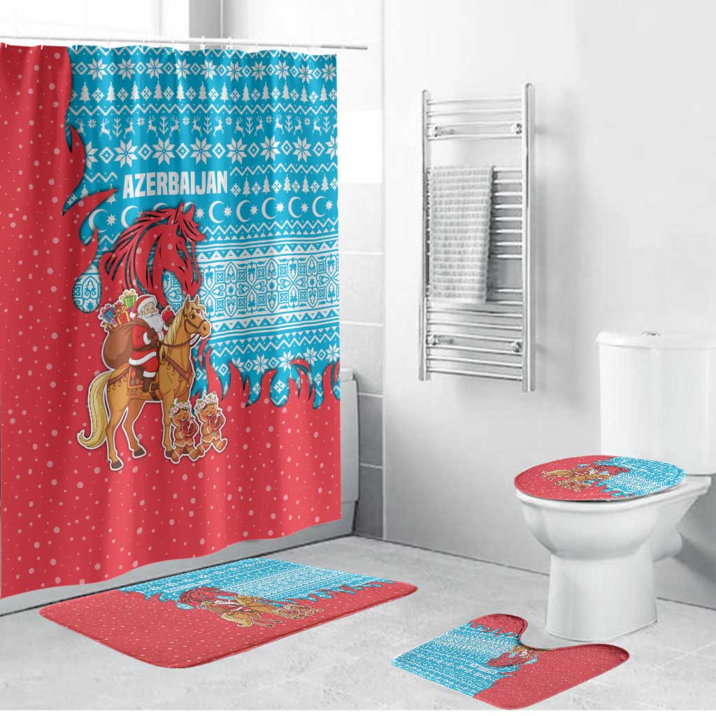 Azerbaijan Christmas Bathroom Set with Santa Riding Horse Red Flame Motif and Blue Islamic Pattern Design - Wonder Print Shop