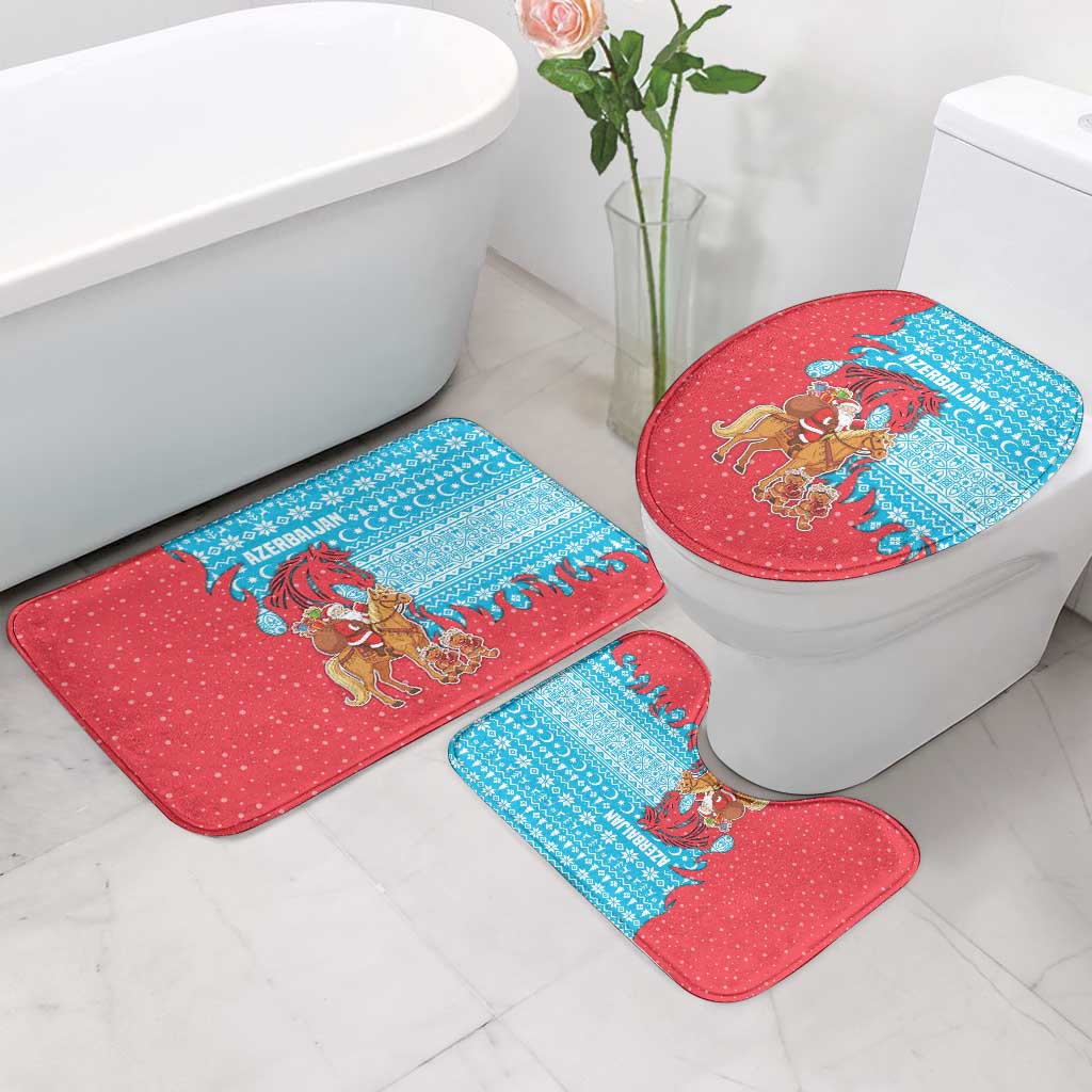 Azerbaijan Christmas Bathroom Set with Santa Riding Horse Red Flame Motif and Blue Islamic Pattern Design - Wonder Print Shop
