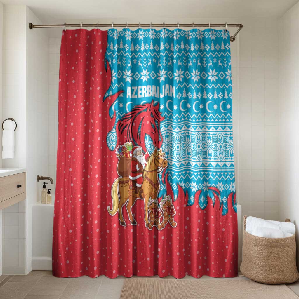 Azerbaijan Christmas Bathroom Set with Santa Riding Horse Red Flame Motif and Blue Islamic Pattern Design - Wonder Print Shop