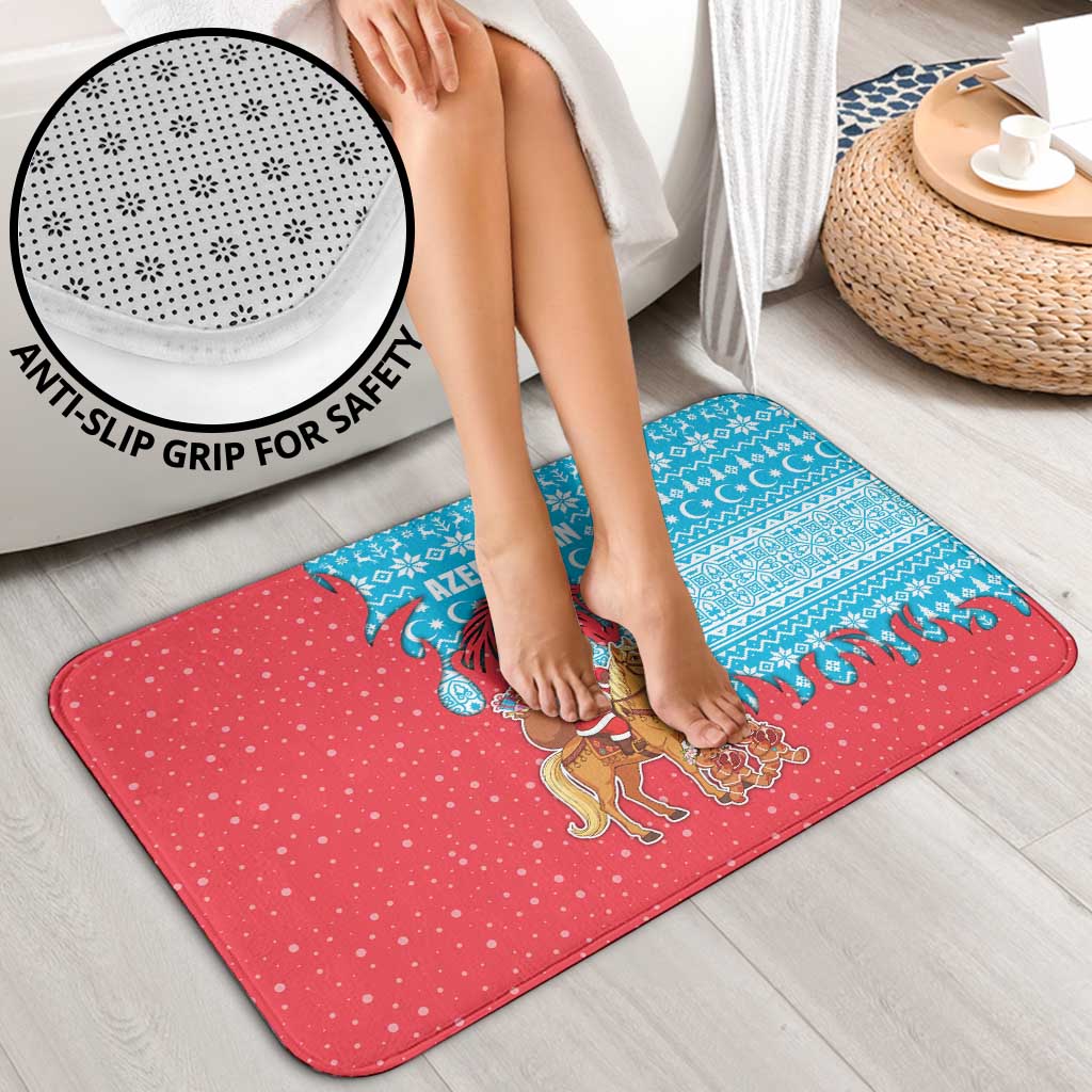 Azerbaijan Christmas Bathroom Set with Santa Riding Horse Red Flame Motif and Blue Islamic Pattern Design - Wonder Print Shop