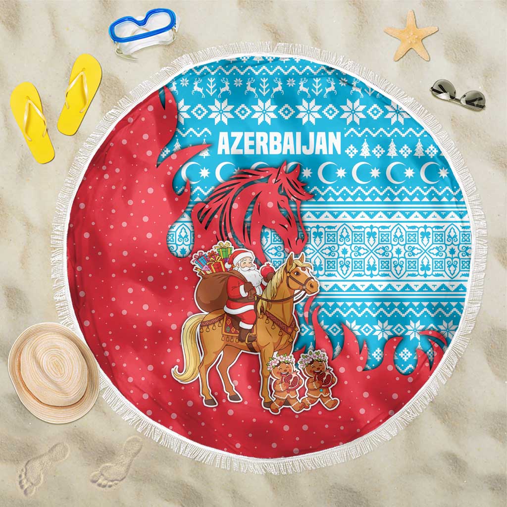 Azerbaijan Christmas Beach Blanket with Santa Riding Horse Red Flame Motif and Blue Islamic Pattern Design - Wonder Print Shop
