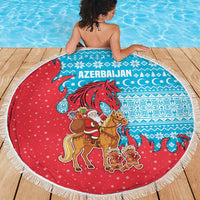 Azerbaijan Christmas Beach Blanket with Santa Riding Horse Red Flame Motif and Blue Islamic Pattern Design - Wonder Print Shop