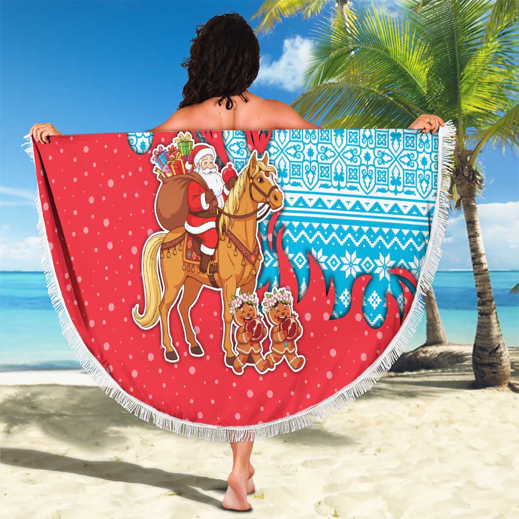 Azerbaijan Christmas Beach Blanket with Santa Riding Horse Red Flame Motif and Blue Islamic Pattern Design - Wonder Print Shop
