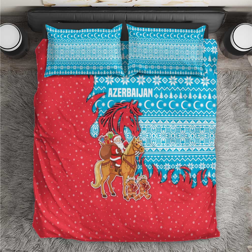 Azerbaijan Christmas Bedding Set with Santa Riding Horse Red Flame Motif and Blue Islamic Pattern Design - Wonder Print Shop