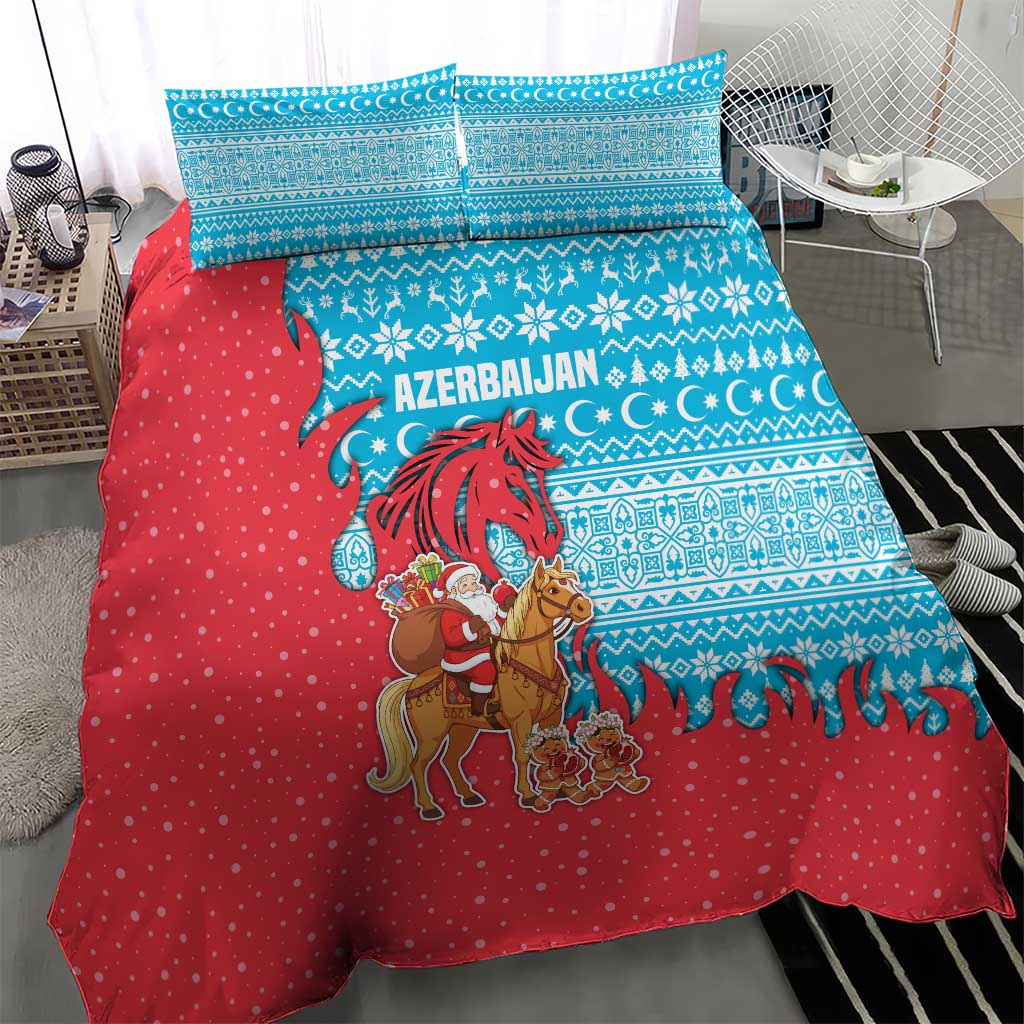 Azerbaijan Christmas Bedding Set with Santa Riding Horse Red Flame Motif and Blue Islamic Pattern Design - Wonder Print Shop