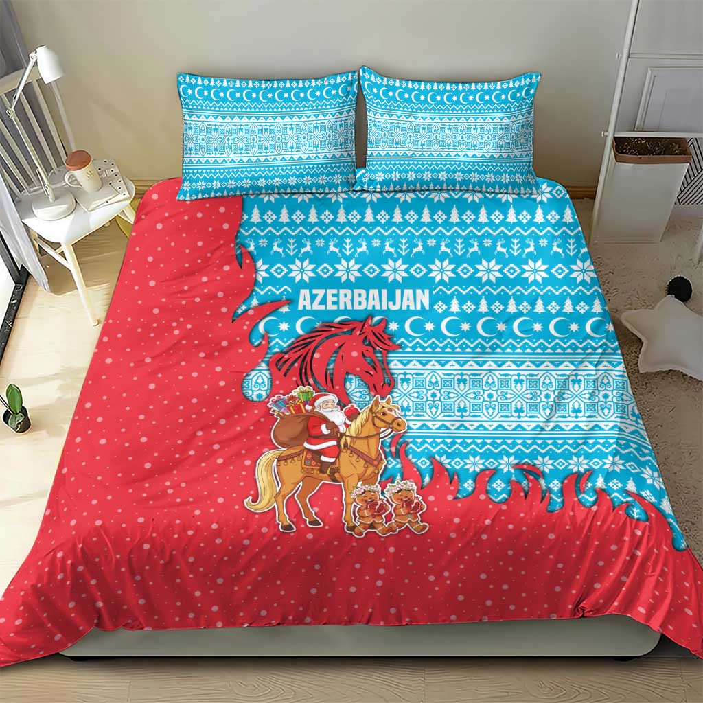 Azerbaijan Christmas Bedding Set with Santa Riding Horse Red Flame Motif and Blue Islamic Pattern Design - Wonder Print Shop