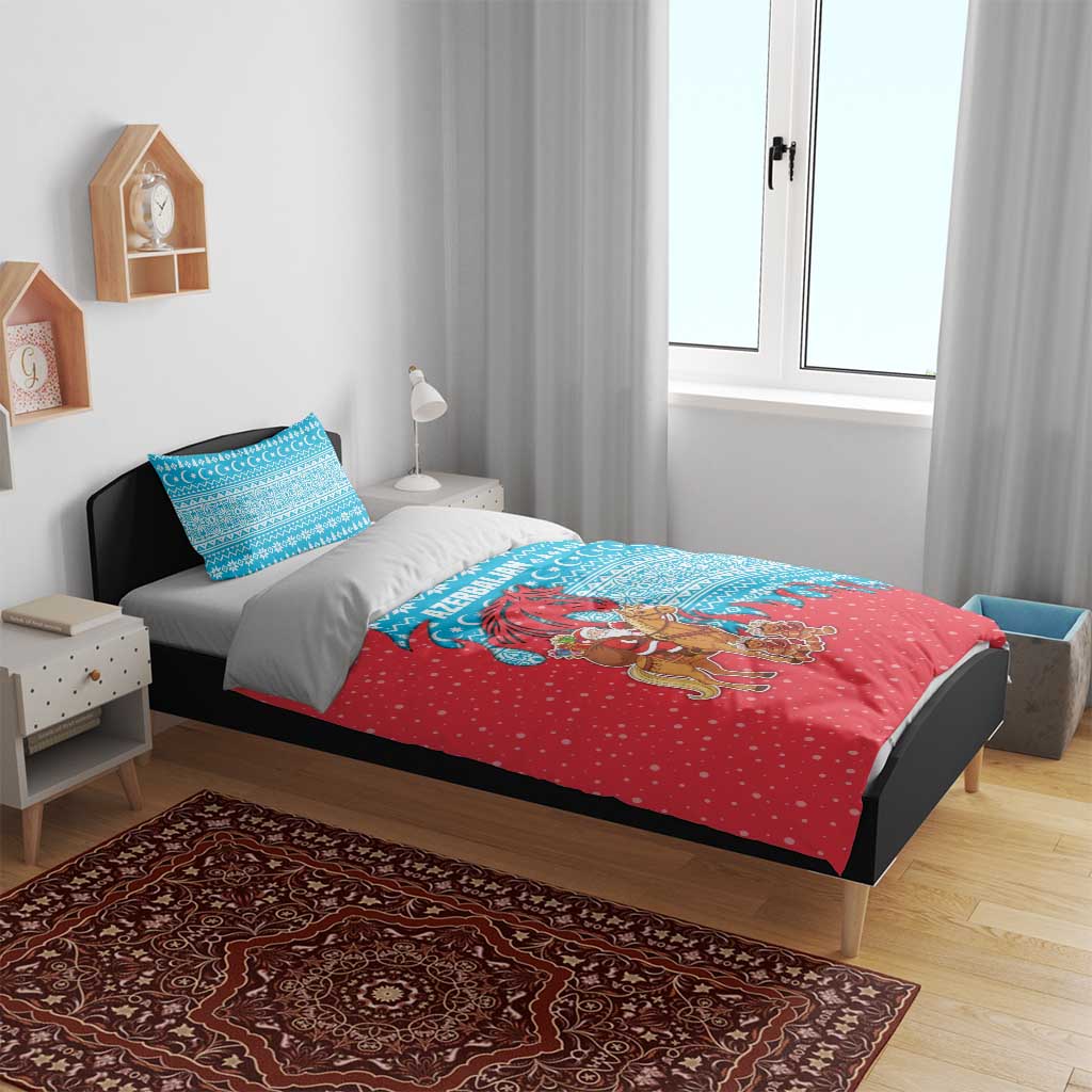 Azerbaijan Christmas Bedding Set with Santa Riding Horse Red Flame Motif and Blue Islamic Pattern Design - Wonder Print Shop