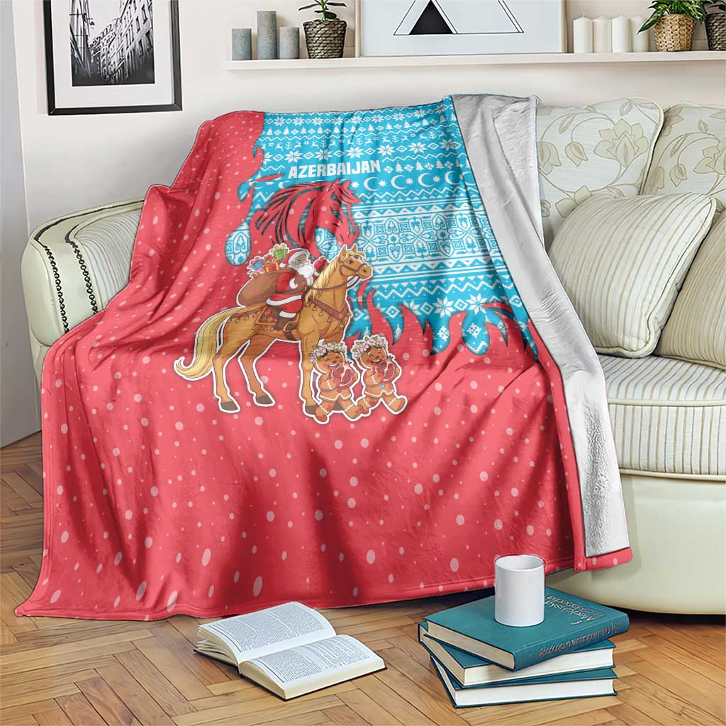 Azerbaijan Christmas Blanket with Santa Riding Horse Red Flame Motif and Blue Islamic Pattern Design - Wonder Print Shop