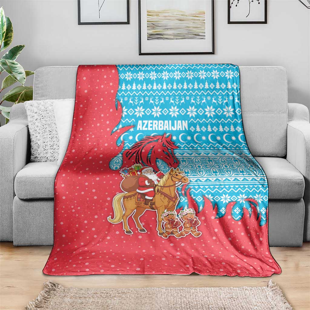 Azerbaijan Christmas Blanket with Santa Riding Horse Red Flame Motif and Blue Islamic Pattern Design - Wonder Print Shop