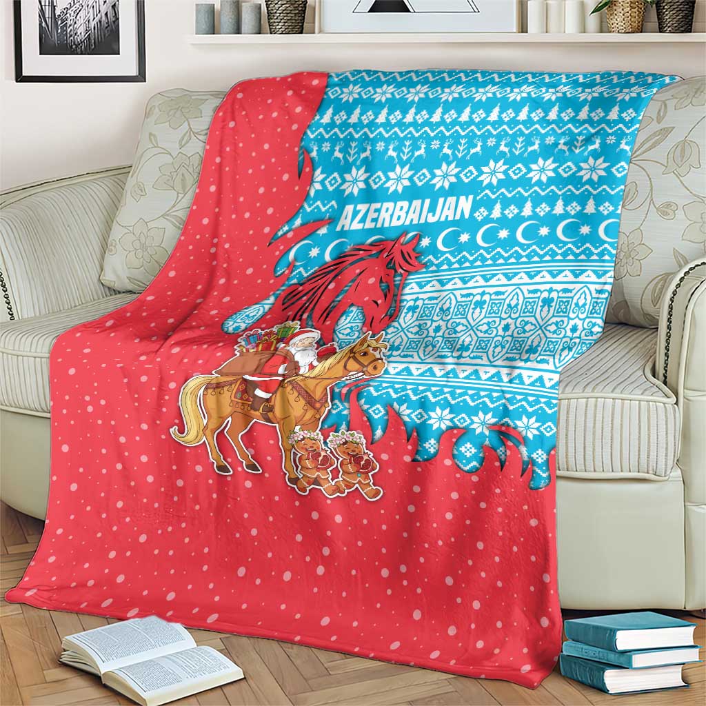 Azerbaijan Christmas Blanket with Santa Riding Horse Red Flame Motif and Blue Islamic Pattern Design - Wonder Print Shop