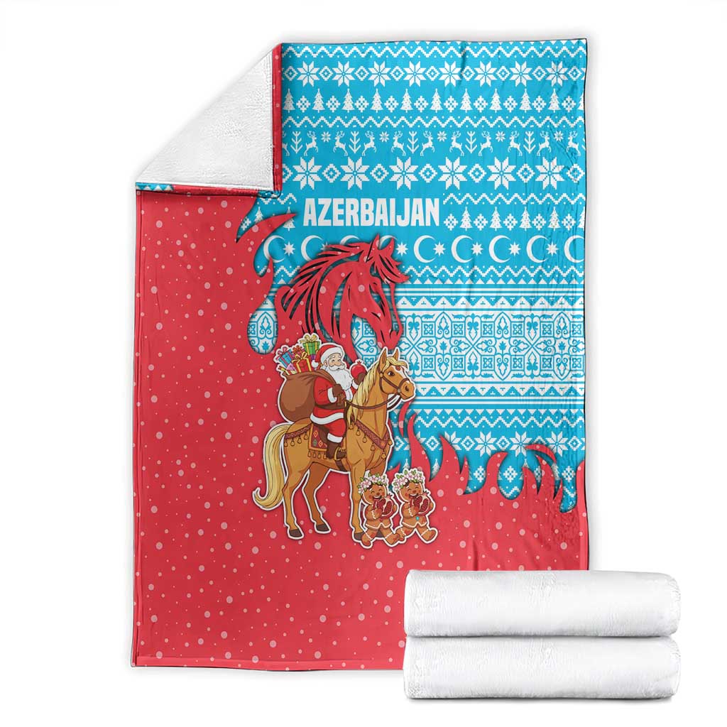 Azerbaijan Christmas Blanket with Santa Riding Horse Red Flame Motif and Blue Islamic Pattern Design - Wonder Print Shop