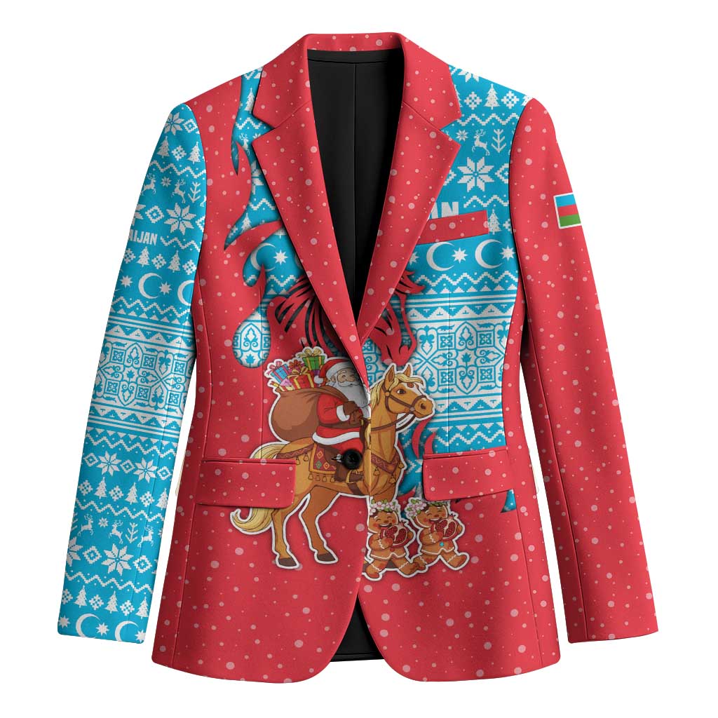 Azerbaijan Christmas Blazer with Santa Riding Horse Red Flame Motif and Blue Islamic Pattern Design - Wonder Print Shop