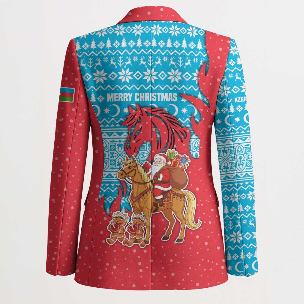 Azerbaijan Christmas Blazer with Santa Riding Horse Red Flame Motif and Blue Islamic Pattern Design - Wonder Print Shop