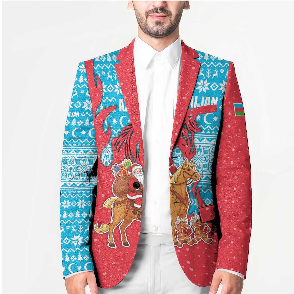 Azerbaijan Christmas Blazer with Santa Riding Horse Red Flame Motif and Blue Islamic Pattern Design - Wonder Print Shop