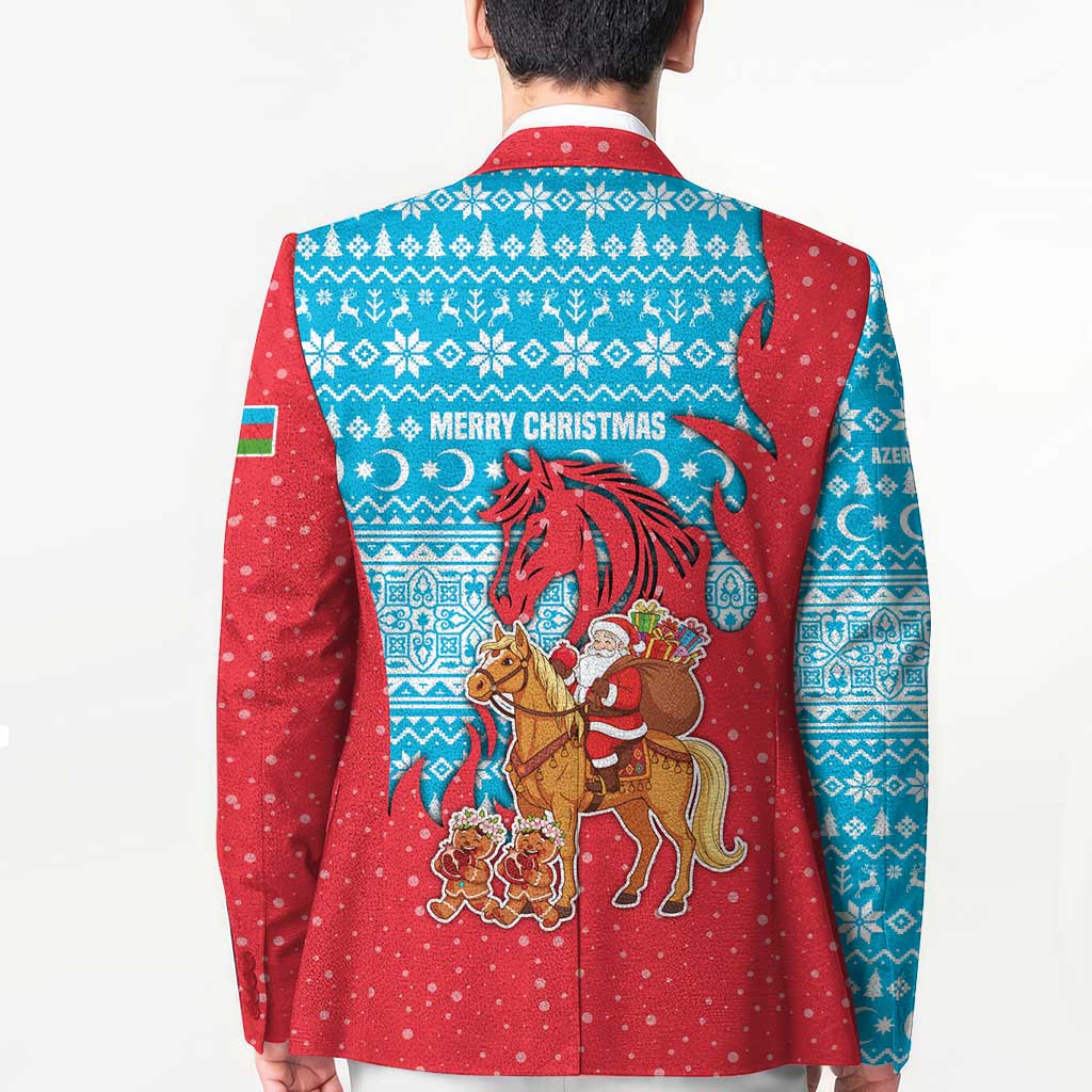 Azerbaijan Christmas Blazer with Santa Riding Horse Red Flame Motif and Blue Islamic Pattern Design - Wonder Print Shop