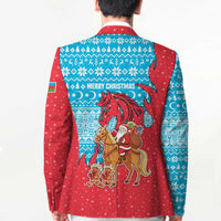 Azerbaijan Christmas Blazer with Santa Riding Horse Red Flame Motif and Blue Islamic Pattern Design - Wonder Print Shop