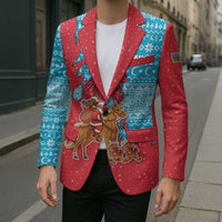 Azerbaijan Christmas Blazer with Santa Riding Horse Red Flame Motif and Blue Islamic Pattern Design - Wonder Print Shop