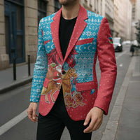 Azerbaijan Christmas Blazer with Santa Riding Horse Red Flame Motif and Blue Islamic Pattern Design - Wonder Print Shop